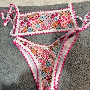 SHEIN Pink and White Floral Bikini with Pom-Pom Trim